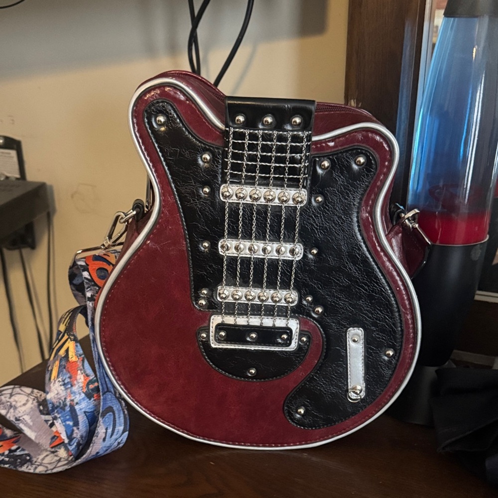 Guitar-Shaped Crossbody Bag in Deep Wine with Printed Strap